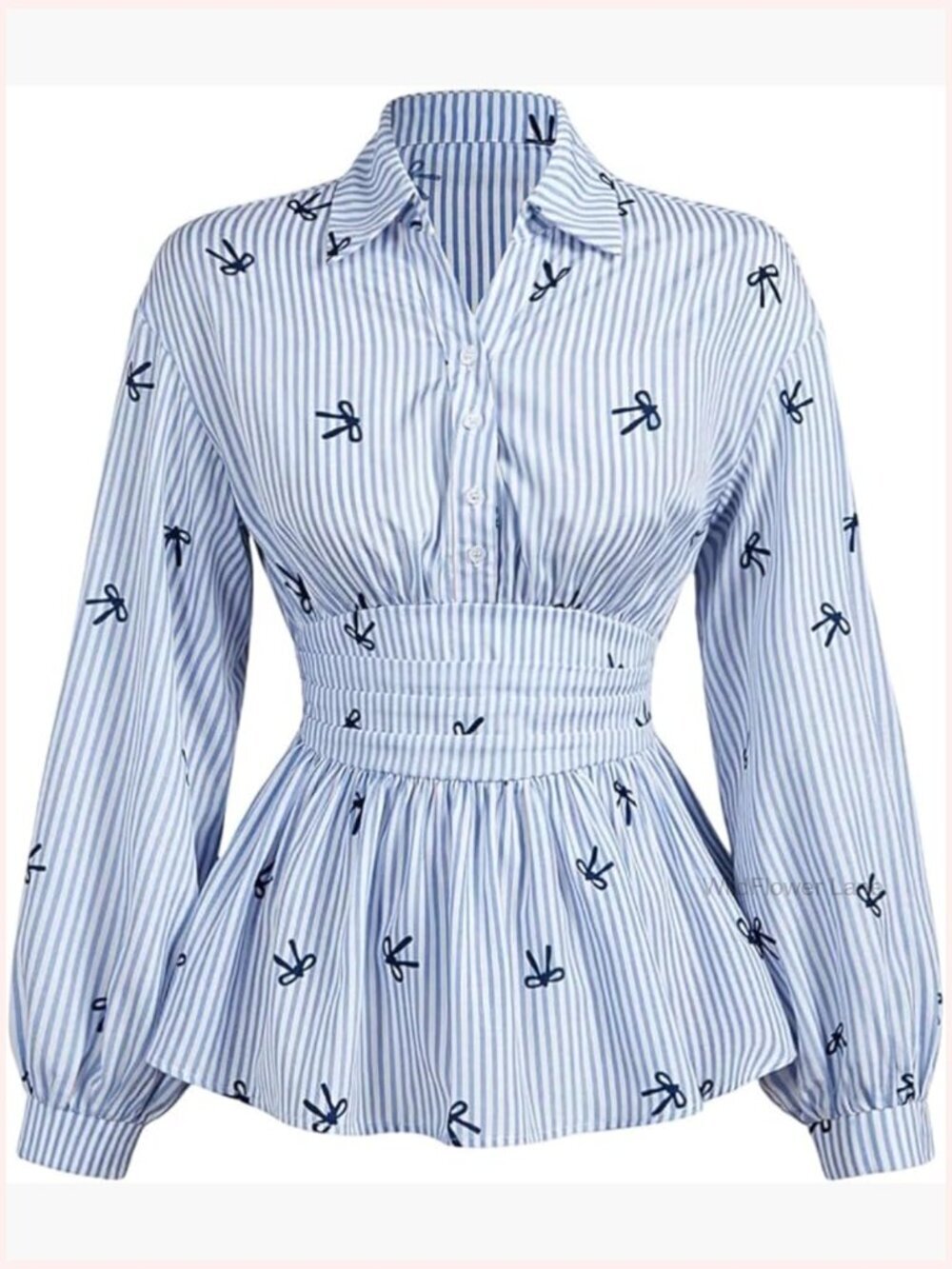 Bow Striped Button Up Blouse Dressy Long Sleeve Peplum Shirt